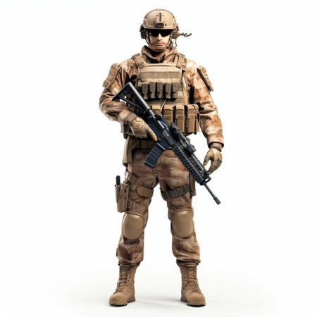 the 3d tactical attire, showcased on a pristine white isolated background, exemplifies cutting-edge military gear, featuring a full-body ensemble of durable fabric, reinforced padding, and adjustable straps, perfect for law enforcement, special operations, or outdoor enthusiasts seeking high-quality protective clothing. ai generatedの素材