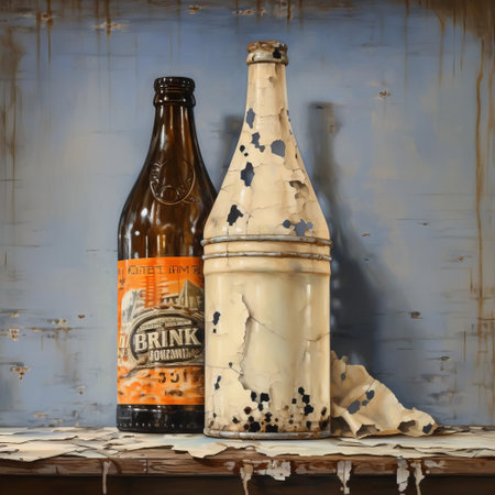 "vintage milk bottle installation: a classic glass bottle of milk takes center stage in this creative drawing installation, set against a rustic, weathered background. explore the timeless appeal of milk and the art of upcycling in this unique display.", ai generatedの素材