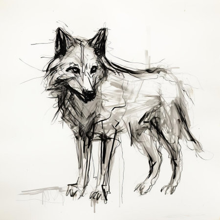 the wolf, depicted in a blind contour drawing, stands majestically in a full-body pose on a pristine white isolated background, showcasing its powerful physique and majestic beauty, evoking a sense of wild freedom and untamed spirit, perfect for nature lovers and wildlife enthusiasts. ai generatedの素材