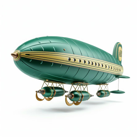 the blimp, depicted in a whimsical toy style, floats serenely against a pristine white isolated background, its vibrant colors and playful design evoking a sense of nostalgia and wonder, perfect for illustrations, graphics, and designs requiring a touch of childhood magic and adventure. ai generatedの素材
