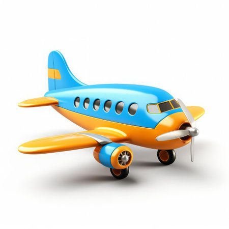 the airplane, depicted in a colorful toy style, sits proudly on a pristine white isolated background, showcasing its vibrant hues and playful design, perfect for kids and aviation enthusiasts alike, evoking a sense of fun and adventure in the world of toy aircraft and model airplanes. ai generatedの素材