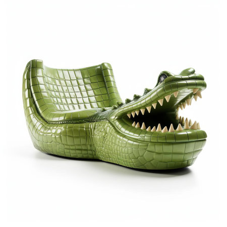 the crocodile-inspired 3d sofa, with its scaly texture and vibrant green hue, appears to leap off the pure white isolated background, evoking a sense of exotic luxury and whimsical design, perfect for 3d modeling, computer-aided design, and futuristic interior decoration concepts. ai generatedの素材