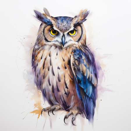 the owl, with its loose gestural lines and soft feathers, sits proudly on a pristine white isolated background, showcasing its majestic full body, highlighting its wise eyes and sharp talons, perfect for wildlife and nature enthusiasts, bird lovers, and fans of nocturnal creatures. ai generatedの素材