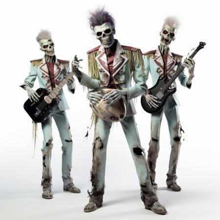 the 3d zombie band uniform, set against a pristine white background, showcases a gruesome yet fascinating ensemble, complete with tattered sleeves, a worn-out hat, and a blood-stained instrument, evoking a sense of post-apocalyptic chaos, perfect for horror-themed designs, music-inspired art, and spooky digital creations. ai generatedの素材
