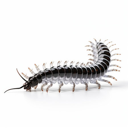 the 3d centipede, showcasing its full body, stands out against a pristine white isolated background, highlighting its intricate details and vibrant colors, perfect for use in educational materials, scientific illustrations, and fantasy designs, evoking a sense of realism and futuristic appeal. ai generatedの素材
