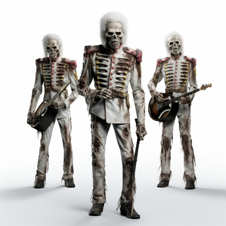 the 3d zombie band uniform, set against a pristine white background, showcases a hauntingly detailed full-body ensemble, complete with tattered clothing, worn instruments, and undead accessories, perfect for music-themed horror projects, 3d modeling, and digital art designs. ai generatedの素材