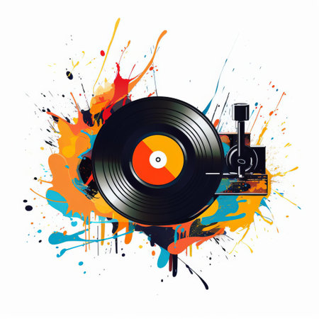 the vinyl record features a stunning illustration design on a crisp white background, showcasing a beautiful blend of simplicity and elegance, perfect for music enthusiasts and design lovers alike, highlighting the timeless appeal of vinyl music and retro aesthetics. ai generatedの素材