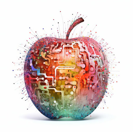 the apple, a vibrant red fruit, is creatively reimagined through algorithmic art, showcasing a mesmerizing fusion of technology and nature, isolated on a pristine white background, highlighting the intricate details and textures of this everyday object in a unique and captivating visual representation. ai generatedの素材