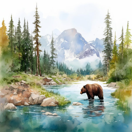 medicine grizzly lake, nestled in the heart of montana's glacier national park, shines in this stunning watercolor design, capturing the serene beauty of the lake's turquoise waters, surrounded by lush green forests and majestic mountain peaks, evoking a sense of tranquility and adventure. ai generatedの素材