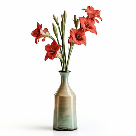 the elegant bottle vase, adorned with a beautiful gladiolus flower, stands out against a pristine white background, showcasing the delicate petals and slender stem of the bloom, perfect for floral arrangements, home decor, and photography inspiration, highlighting the beauty of simplicity and minimalism. ai generatedの素材
