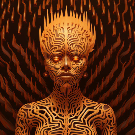 a captivating op art skeleton stands in the midst of flames, showcasing meticulous detail and thick texture. this art deco-inspired piece, reminiscent of sza's unique style, exudes a sense of power and complexity, making it a true masterpiece for art enthusiasts. ai generatedの素材