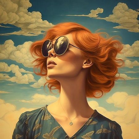 a woman with red hair and sunglasses stands in front of a cloudy sky, showcasing a captivating blend of fantastic realism and golden age illustrations. the dark orange and light blue hues create a dreamlike atmosphere, while the photographically detailed portraitures and dimensional illusion add depth to the monochrome toning. ai generatedの素材