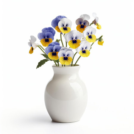 this beautiful ceramic vase, adorned with a delicate pansy flower design, sits elegantly on a pristine white background, showcasing its intricate details and vibrant colors, perfect for home decor, interior design, and floral arrangement inspiration. ai generatedの素材