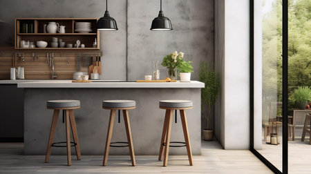 the bar stool stands alone in a serene grey interior, surrounded by light colors, evoking a sense of modern minimalism and sleek sophistication, perfect for a chic kitchen or trendy cafe, showcasing a fusion of style and functionality in home decor and commercial design. ai generatedの素材