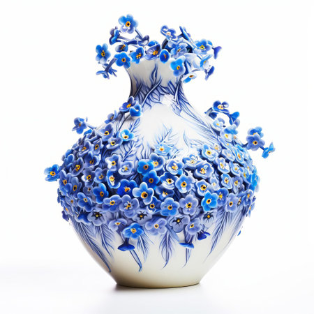 the luxury vase, adorned with delicate forget-me-not flowers, stands elegantly isolated on a pristine white background, showcasing its refined design and sophisticated charm, perfect for adding a touch of upscale elegance to any home decor or interior design setting. ai generatedの素材