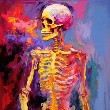 a classicism skeleton takes center stage, standing in the heart of a fiery blaze, embodying a fauvism-inspired style reminiscent of miley cyrus. the intricate details of the skeleton are meticulously crafted, with a thick texture that adds depth to the piece. miley cyrus's influence is evident in the bold and unapologetic depiction of the subject, making for a captivating and unforgettable work of art. aiの素材