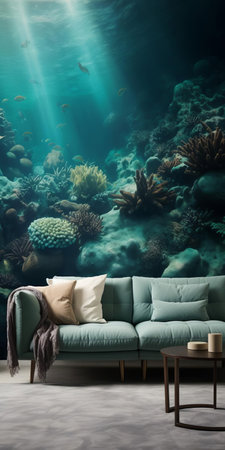 underwater living room wall mural featuring an aqua scape wallpaper design. the mural showcases a detailed environment with a combination of dark green and light crimson hues. the hyperrealistic illustrations depict monochrome interiors with a focus on light indigo and yellow accents. the use of focus stacking creates a lively and visually captivating atmosphere. ai generatedの素材
