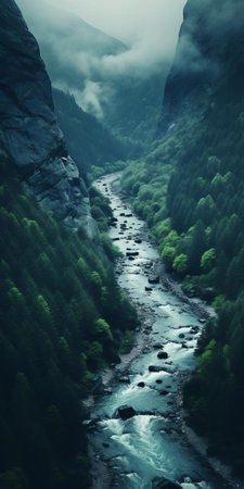 valley river photography by alex gilbert captures the essence of german romanticism with a touch of dark white and dark emerald tones. rendered in cinema4d, this stunning image showcases the beauty of nature through time-lapse photography and film techniques. the texture exploration and post-processing techniques add depth and intrigue to this nature-inspired masterpiece. ai generatedの素材