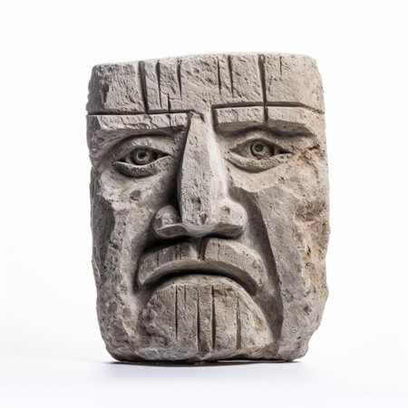 this ancient stone carving, featuring a mysterious face, sits isolated on a pristine white background, evoking a sense of mystique and history, perfect for archaeology, anthropology, and art enthusiasts interested in ancient civilizations, sculptures, and relics. ai generatedの素材