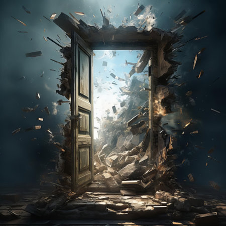an old door, recently destroyed and covered in dust and dirt, is captured in a photograph that showcases the style of realistic surrealism. the image portrays a sense of joyful chaos with intense and dramatic lighting. the composition features a tumblewave effect, highlighting the contrast between contemporary fact and fiction. the extreme angle adds to the disintegrated appearance of the door. ai generatedの素材