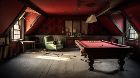 this recreation room, in dire need of renovation, showcases a worn-out space with outdated furniture, faded walls, and a dull atmosphere, highlighting the necessity for a makeover to transform it into a cozy and inviting area for relaxation and entertainment. ai generatedの素材