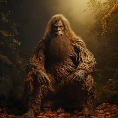 the mystical bigfoot, a humanoid creature of legend, stands majestically amidst a backdrop of lush greenery, evoking the essence of pre-raphaelite minimalism, as if plucked from a 19th-century fantasy painting, its enigmatic presence exuding an aura of mystery and wonder, blending folklore with artistic elegance. ai generatedの素材