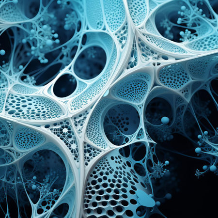 a drawing of blue colored cells with blue edges, resembling intricate webs. created in cinema4d, this artwork features bone-like, organic nature-inspired forms. the densely textured or haptic surface adds depth to the composition, with a combination of dark white and light cyan hues. spirals and curves further enhance the visual appeal of this captivating piece. ai generatedの素材