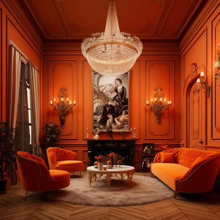 the romanticism-inspired person, surrounded by opulent 16-20 style furnishings, sits elegantly in a warm and inviting interior design setting, where vibrant orange hues dominate the space, evoking feelings of passion and energy, perfect for a cozy and intimate atmosphere. ai generatedの素材