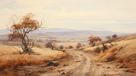 the serene shrubland landscape stretches out on either side of a winding road, devoid of human presence, evoking a sense of peaceful isolation, with the soft, dreamy quality of watercolors capturing the gentle hues of nature, perfect for relaxation and contemplation in a natural setting. ai generatedの素材