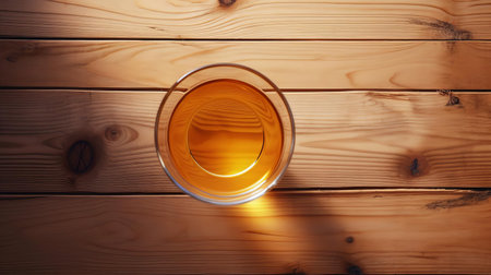 fresh apple juice is showcased on top of a rustic wooden table, captured from a top view, highlighting the vibrant color and clarity of the refreshing beverage, perfect for a healthy breakfast or snack, evoking feelings of autumn and harvest season. ai generatedの素材