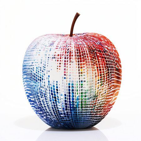 the apple, a symbol of wisdom and health, is beautifully showcased in this stunning piece of algorithmic art, isolated on a pristine white background, highlighting the intricate details and vibrant colors of the fruit, perfect for tech-savvy designers and fruit enthusiasts alike. ai generatedの素材
