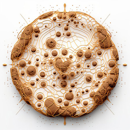 the cookie, a sweet treat, is showcased in stunning isolation on a pristine white background, its textures and details amplified, blending seamlessly with the futuristic essence of algorithmic art, creating a visually striking contrast that's sure to tantalize the senses of art lovers and food enthusiasts alike. ai generatedの素材