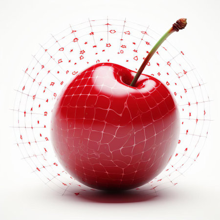 the cherry, a vibrant red fruit, is showcased in stunning algorithmic art, isolated on a pristine white background, highlighting its juicy texture and intricate details, perfect for food bloggers, designers, and health enthusiasts seeking high-quality, visually appealing images. ai generatedの素材