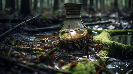 a light bulb, in the style of distillation of forms, sits near the ground in the woods. this fairytale-inspired scene showcases contained chaos and eco-friendly craftsmanship. captured using fujifilm velvia, the light bulb blends seamlessly with nature-inspired camouflage, creating a post-apocalyptic ambiance. ai generatedの素材