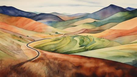 serene foothills unfold gently, with a winding road slicing through the landscape, surrounded by lush greenery, evoking a sense of tranquility, as if captured in a delicate watercolor painting, perfect for nature lovers and art enthusiasts alike, showcasing the beauty of the great outdoors. ai generatedの素材