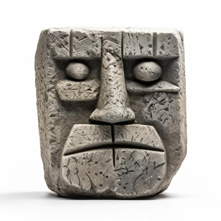 the sculpture, a stunning stone carving of a serene face, sits elegantly on a pristine white isolated background, showcasing exceptional craftsmanship and attention to detail, perfect for art enthusiasts and collectors of ancient relics, statues, and figurines. ai generatedの素材