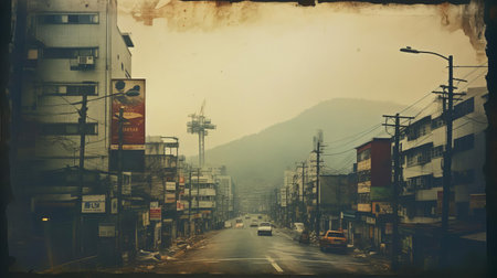 the abandoned streets of south korea are captured in this haunting polaroid retro photo, evoking a sense of desolation and eeriness, with dark shadows and empty landscapes that convey a feeling of isolation and mystery, reminiscent of a post-apocalyptic scene. ai generatedの素材