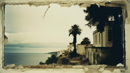 the abandoned greek landscape, captured in a haunting polaroid retro photo, exudes an eerie atmosphere, with dark shadows cast upon the deserted terrain, evoking a sense of mystery and isolation, reminiscent of a bygone era, where the remnants of a forgotten past linger, shrouded in an aura of mystique. ai generatedの素材