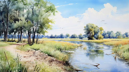 a serene and tranquil scene captured in a watercolor painting, depicting a meadow road and a river. this uhd image showcases the artist's skill in creating atmosphere landscapes, reminiscent of dutch marine scenes. inspired by yasutomo oka, the detailed marine views come to life with the use of ilford pan f, resulting in a captivating and peaceful composition. ai generatedの素材