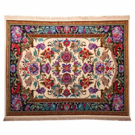 the persian handmade carpet, meticulously crafted with intricate patterns and vibrant colors, lies elegantly on a pristine white isolated background, showcasing its exquisite beauty and luxurious texture, perfect for adding a touch of sophistication to any room's decor, blending traditional persian artistry with modern interior design. ai generatedの素材