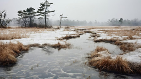 a snowy pond with a small stream, captured in the hazy landscape style of patty maher's new american color photography. this serene scene showcases suffolk coast views, featuring brushstroke fields. the photo was taken using the tokina at-x 11-16mm f/2.8 pro dx ii lens and shot on 70mm. ai generatedの素材