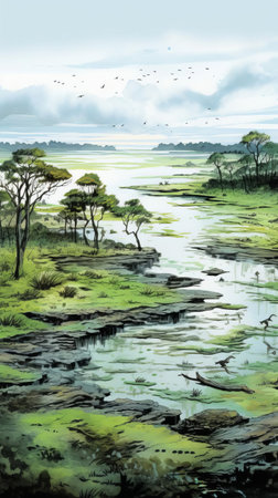 "discover a vibrant, crayon-style illustration of a marshy island, home to a community of tiny dwarves. explore the flat, expansive plains and immerse yourself in this whimsical, hand-drawn world.", ai generatedの素材