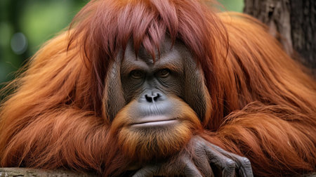 the orangutan, a majestic primate of the species harpia harpyja, is seen roaming freely in a brazilian zoo, showcasing its distinctive reddish-brown fur and intelligent gaze, a rare sighting of this critically endangered species in a controlled environment, highlighting conservation efforts in south american zoos. ai generatedの素材