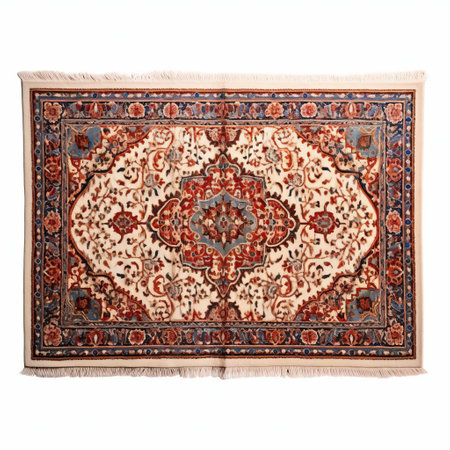 the persian handmade carpet, with its intricate patterns and vibrant colors, lies elegantly on a white isolated background, showcasing the skilled craftsmanship of iranian artisans and the beauty of traditional middle eastern design, perfect for home decor and interior design inspiration. ai generatedの素材
