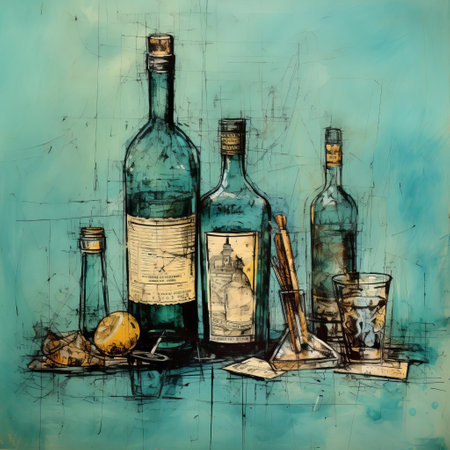 explore the classic allure of this liquor bottle, meticulously illustrated in a drawing that showcases found objects. the teal background adds a unique touch, making it a standout piece in any collection. perfect for those who appreciate the timeless charm of liquor and the artistry of found object creations. ai generatedの素材