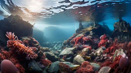 underwater coral reef image featuring vibrant coral formations near the sunlit rocky beach. this stunning photograph captures the beauty of the underwater world, reminiscent of norwegian nature. it showcases the artistic vision of an environmental installation artist, resembling a national geographic high-quality photo. ai generatedの素材