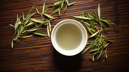 white tea, delicately arranged on a rustic wooden table, invites relaxation and tranquility, evoking the serene atmosphere of a traditional chinese tea ceremony, perfect for a soothing morning ritual or an afternoon pick-me-up, surrounded by natural elements and earthy tones. ai generatedの素材
