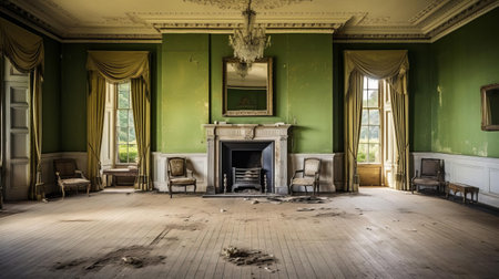 this reception room, in dire need of renovation, showcases a worn-out interior with faded walls, outdated furniture, and a lackluster ambiance, highlighting the necessity for a thorough makeover to transform it into a modern and inviting space, perfect for welcoming guests. ai generatedの素材