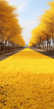"experience the stunning golden hue of gingko boulevard, surrounded by jasmine trees, with a mountain backdrop. realistic shot of jasmine biloba leaves scattered on the ground, creating a vibrant yellow landscape. high-resolution image for a closer look at the beauty of nature.", ai generatedの素材