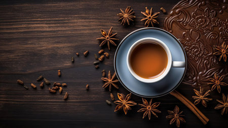 the aromatic chai tea, infused with warming spices, is beautifully presented on a rustic wooden table, invitingly captured from a top view, evoking feelings of cozy comfort and relaxation, perfect for a soothing morning or afternoon pick-me-up, amidst the warmth of a traditional indian-inspired setting. ai generatedの素材
